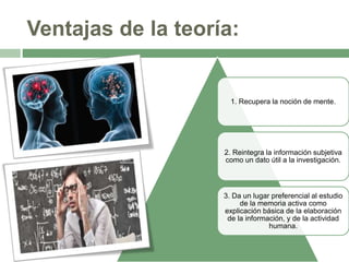 Ventajas de la teoría:
1. Recupera la noción de mente.
2. Reintegra la información subjetiva
como un dato útil a la investigación.
3. Da un lugar preferencial al estudio
de la memoria activa como
explicación básica de la elaboración
de la información, y de la actividad
humana.
 