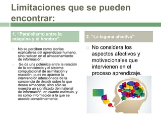Limitaciones que se pueden
encontrar:
 No se perciben como teorías
explicativas del aprendizaje humano,
sino radican en el almacenamiento
de información.
 Se da una polémica entre la relación
de la conciencia y el sistema
computacional de asimilación y
reacción, pues no aparece la
intervención intencionada de la
conciencia de decidir sobre lo que
desea almacenar, sino sólo se
muestra un significado del material
de información, en cuanto estímulo, y
no como información a la que se
accede conscientemente.
 No considera los
aspectos afectivos y
motivacionales que
intervienen en el
proceso aprendizaje.
1. “Paralelismo entre la
máquina y el hombre”:
2. “La laguna afectiva”
 