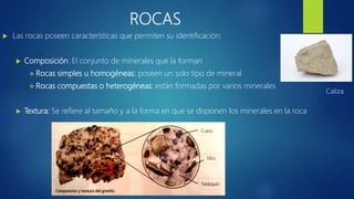 ROCAS
 Las rocas poseen características que permiten su identificación:
 Composición: El conjunto de minerales que la forman
 Rocas simples u homogéneas: poseen un solo tipo de mineral
 Rocas compuestas o heterogéneas: están formadas por varios minerales
 Textura: Se refiere al tamaño y a la forma en que se disponen los minerales en la roca
Caliza
 
