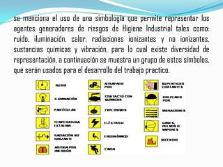 se menciona el uso de una simbología que permite representar los
agentes generadores de riesgos de Higiene Industrial tales como:
ruido, iluminación, calor, radiaciones ionizantes y no ionizantes,
sustancias químicas y vibración, para lo cual existe diversidad de
representación, a continuación se muestra un grupo de estos símbolos,
que serán usados para el desarrollo del trabajo practico.
 