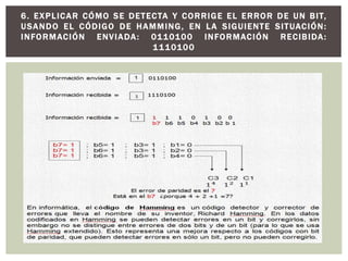 6. EXPLICAR CÓMO SE DETECTA Y CORRIGE EL ERROR DE UN BIT,
USANDO EL CÓDIGO DE HAMMING, EN LA SIGUIENTE SITUACIÓN:
INFORMACIÓN ENVIADA: 0110100 INFORMACIÓN RECIBIDA:
1110100
 