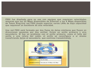 FDDI fue diseñado para su uso con equipos que requieren velocidades
mayores que los 10 Mbps disponibles de Ethernet o los 4 Mbps disponibles
de Token Ring.Una red FDDI puede soportar varias LANs de baja capacidad
que requieren un backbone de alta velocidad.
Una red FDDI está formada por dos flujos de datos similares que fluyen en
direcciones opuestas por dos anillos. Existe un anillo primario y otro
secundario. Si hay un problema con el anillo primario, como el fallo del
anillo o una rotura del cable, el anillo se reconfigura a sí mismo
transfiriendo datos al secundario, que continúa transmitiendo.
 