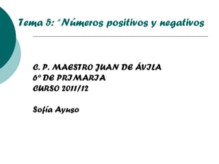 C. P. MAESTRO JUAN DE ÁVILA 6º DE PRIMARIA CURSO 2011/12 Sofía Ayuso Tema 5: “Números positivos y negativos ” 