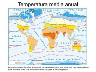 Temperatura media anual

As temperaturas máis altas rexístranse na zona intertropical e as maís frías nas zonas polares.
Entre ámbalas dúas, nos dous hemisferios, atópase a zona temperada.

 