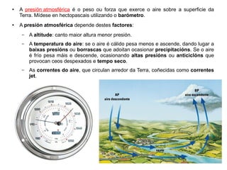 ●

●

A presión atmosférica é o peso ou forza que exerce o aire sobre a superficie da
Terra. Mídese en hectopascais utilizando o barómetro.
A presión atmosférica depende destes factores:
–

A altitude: canto maior altura menor presión.

–

A temperatura do aire: se o aire é cálido pesa menos e ascende, dando lugar a
baixas presións ou borrascas que adoitan ocasionar precipitacións. Se o aire
é frío pesa máis e descende, ocasionando altas presións ou anticiclóns que
provocan ceos despexados e tempo seco.

–

As correntes do aire, que circulan arredor da Terra, coñecidas como correntes
jet.

 