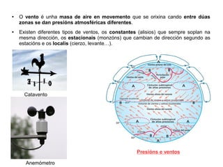 ●

●

O vento é unha masa de aire en movemento que se orixina cando entre dúas
zonas se dan presións atmosféricas diferentes.
Existen diferentes tipos de ventos, os constantes (alisios) que sempre soplan na
mesma dirección, os estacionais (monzóns) que cambian de dirección segundo as
estacións e os localis (cierzo, levante…).

Catavento

Presións e ventos
Anemómetro

 