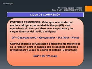 Máquinas y Equipos Térmicos
Tema 5: UTA + CICLO FRIGORÍFICO
Prof. Santiago G.
CICLO DE COMPRESIÓN
POTENCIA FRIGORÍFICA: Calor que se absorbe del
medio a refrigerar por unidad de tiempo (Qf), será
equivalente al calor que absorve el evaporador y las
cargas térmicas del medio a refrigerar
Qf = Q (cargas term) = Qevaporador = U x (Hsal – H ent)
COP (Coeficiente de Operación ó Rendimiento frigorífico)
es la relación entre la energía que se absorbe del medio
(evaporador) y la que se aporta al sistema (Compresor)
COP = Q f / W comp
 