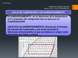 Máquinas y Equipos Térmicos
Tema 5: UTA + CICLO FRIGORÍFICO
Prof. Santiago G.
CICLO DE COMPRESIÓN CON SUBENFRIAMIENTO
El SUBENFRIAMIENTO es un descenso de la temperatura
(a P constante) del refrigerante tras su paso por el
CONDENSADOR
OBJETIVO del SUBENFRIAMIENTO: Disminuye la Entalpía
de entrada del evaporador y por tanto aumenta la
diferencia entrada-salida, lo que se traduce en mayor calor
absorbido del medio a enfriar.
 
