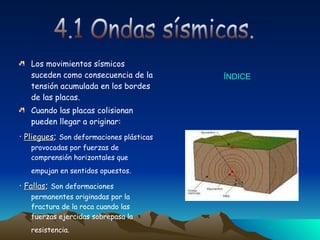 Los movimientos sísmicos suceden como consecuencia de la tensión acumulada en los bordes de las placas. Cuando las placas colisionan pueden llegar a originar:  ·  Pliegues ;  Son deformaciones plásticas provocadas por fuerzas de comprensión horizontales que empujan en sentidos opuestos.   ·  Fallas ;  Son deformaciones permanentes originadas por la fractura de la roca cuando las fuerzas ejercidas sobrepasa la resistencia.   4.1 Ondas sísmicas. Índice 
