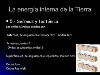 La energía interna de la Tierra 5.- Seísmos y tectónica Las ondas sísmicas pueden ser: Internas, se originan en el hipocentro. Pueden ser: Primarias, ondas P Ondas secundarias, ondas S Superficiales, se originan en el epicentro. Pueden ser: Ondas love Ondas Rayleigh 