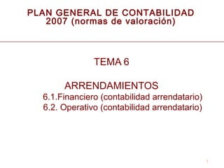 1
PLAN GENERAL DE CONTABILIDAD
2007 (normas de valoración)
TEMA 6
ARRENDAMIENTOS
6.1.Financiero (contabilidad arrendatario)
6.2. Operativo (contabilidad arrendatario)
 