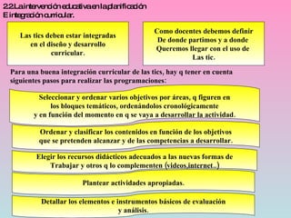 2.2.La intervención educativa en la planificación E integración curricular. Las tics deben estar integradas en el diseño y desarrollo curricular. Como docentes debemos definir De donde partimos y a donde  Queremos llegar con el uso de  Las tic. Para una buena integración curricular de las tics, hay q tener en cuenta siguientes pasos para realizar las programaciones: Seleccionar y ordenar varios objetivos por áreas, q figuren en los bloques temáticos, ordenándolos cronológicamente y en función del momento en q se vaya a desarrollar la actividad. Ordenar y clasificar los contenidos en función de los objetivos que se pretenden alcanzar y de las competencias a desarrollar. Elegir los recursos didácticos adecuados a las nuevas formas de Trabajar y otros q lo complementen (videos,internet..) Plantear actividades apropiadas. Detallar los elementos e instrumentos básicos de evaluación y análisis. 