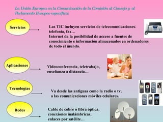 La Unión Europea en la Comunicación de la Comisión al Consejo y  al Parlamento Europeo especifíca: Servicios Las TIC incluyen servicios de telecomunicaciones: telefonía, fax… Internet da la posibilidad de acceso a fuentes de  conocimiento e información almacenados en ordenadores de todo el mundo. Aplicaciones Videoconferencia, teletrabajo,  enseñanza a distancia… Tecnologías Va desde las antiguas como la radio o tv, a las comunicaciones móviles celulares. Redes Cable de cobre o fibra óptica,  conexiones inalámbricas, enlaces por satélite… 