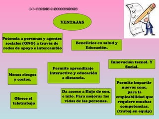 1.3. Ventajas e inconvenientes VENTAJAS Innovación tecnol. Y Social. Beneficios en salud y Educación. Potencia a personas y agentes  sociales (ONG) a través de  redes de apoyo e intercambio Permite aprendizaje  interactivo y educación a distancia. Permite impartir  nuevos conc. para la empleabilidad que requiere muchas competencias. (trabaj.en equip) Ofrece el  teletrabajo Menos riesgos y costos. Da acceso a flujo de con. e info. Para mejorar las  vidas de las personas. 