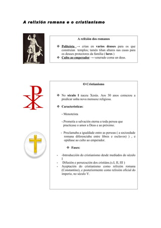 A relixión romana e o cristianismo



                              A relixión dos romanos

               Politeísta → crían en varios deuses para os que
                construían templos; tamén tiñan altares nas casas para
                os deuses protectores da familia ( lares )
               Culto ao emperador → venerado coma un deus.




                                  O Cristianismo


               No século I naceu Xesús. Aos 30 anos comezou a
                predicar unha nova mensaxe religiosa.

               Características:

                  - Monoteísta

                  -.Prometía a salvación eterna a toda persoa que
                    practicase o amor a Deus e ao próximo.

                  - Proclamaba a igualdade entre as persoas ( a socioedade
                    romana diferenciaba entre libres e esclavos) ) , e
                    opúñase ao culto ao emperador.

                       Fases:

              -   -Introducción do cristianismo desde mediados do século
                  I
              -    Difusión e persecución dos cristiáns.(s.I, II, III )
              -   Aceptación do cristianismo como relixión romana
                  (Constantino), e posteriormente como relixión oficial do
                  imperio, no século V.
 