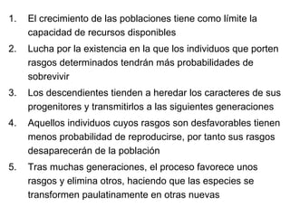El crecimiento de las poblaciones tiene como límite la capacidad de recursos disponibles Lucha por la existencia en la que los individuos que porten rasgos determinados tendrán más probabilidades de sobrevivir Los descendientes tienden a heredar los caracteres de sus progenitores y transmitirlos a las siguientes generaciones Aquellos individuos cuyos rasgos son desfavorables tienen menos probabilidad de reproducirse, por tanto sus rasgos desaparecerán de la población Tras muchas generaciones, el proceso favorece unos rasgos y elimina otros, haciendo que las especies se transformen paulatinamente en otras nuevas 