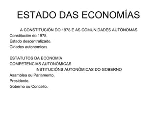 ESTADO DAS ECONOMÍAS A CONSTITUCIÓN DO 1978 E AS COMUNIDADES AUTÓNOMAS Constitución do 1978. Estado descentralizado. Cidades autonómicas. ESTATUTOS DA ECONOMÍA COMPETENCIAS AUTONÓMICAS INSTITUCIÓNS AUTONÓMICAS DO GOBERNO Asamblea ou Parlamento. Presidente. Goberno ou Concello. 