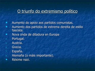 O triunfo do extremismo político

    Aumento do apoio aos partidos comunistas.
    Aumento dos partidos de extrema dereita de estilo
     fascista.
    Nova onda de ditadura en Europa
4.   Portugal.
5.   Austria.
6.   Grecia.
7.   España.
8.   Alemaña (o máis importante).
    Réxime nazi.
 