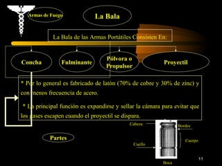 Armas de Fuego             La Bala

             La Bala de las Armas Portátiles Consisten En:


                                  Pólvora o
Concha          Fulminante                              Proyectil
                                  Propulsor

* Por lo general es fabricado de latón (70% de cobre y 30% de zinc) y
con menos frecuencia de acero.

* La principal función es expandirse y sellar la cámara para evitar que
los gases escapen cuando el proyectil se dispara.
                                            Cabeza             Bordes

           Partes                                                 Cuerpo
                                              Cuello


                                                                           11
                                                        Boca
 