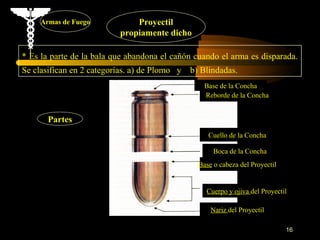 Armas de Fuego            Proyectil
                           propiamente dicho

* Es la parte de la bala que abandona el cañón cuando el arma es disparada.
Se clasifican en 2 categorías. a) de Plomo y   b) Blindadas.
                                                   Base de la Concha
                                                   Reborde de la Concha


       Partes
                                                    Cuello de la Concha

                                                      Boca de la Concha
                                                 Base o cabeza del Proyectil


                                                   Cuerpo y ojiva del Proyectil

                                                     Nariz del Proyectil

                                                                               16
 