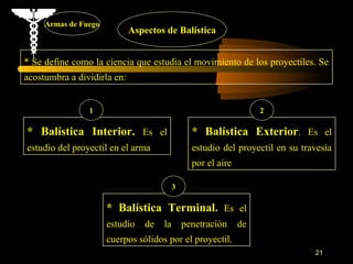 Armas de Fuego
                             Aspectos de Balística


* Se define como la ciencia que estudia el movimiento de los proyectiles. Se
acostumbra a dividirla en:


                1                                                   2

* Balística Interior. Es el                      * Balística Exterior. Es el
estudio del proyectil en el arma                 estudio del proyectil en su travesía
                                                 por el aire

                                           3

                      * Balística Terminal. Es el
                      estudio    de   la       penetración     de
                      cuerpos sólidos por el proyectil.
                                                                                21
 