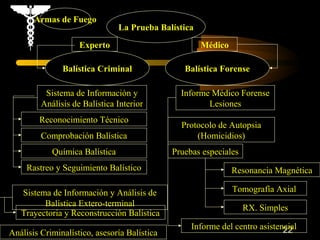 Armas de Fuego
                                La Prueba Balística
                    Experto                           Médico

               Balística Criminal                Balística Forense

          Sistema de Información y              Informe Médico Forense
         Análisis de Balística Interior                Lesiones
        Reconocimiento Técnico
                                                Protocolo de Autopsia
         Comprobación Balística                     (Homicidios)
            Química Balística                 Pruebas especiales
     Rastreo y Seguimiento Balístico                           Resonancia Magnética

   Sistema de Información y Análisis de                        Tomografía Axial
         Balística Extero-terminal                                 RX. Simples
   Trayectoria y Reconstrucción Balística
                                                   Informe del centro asistencial
                                                                             22
Análisis Criminalístico, asesoría Balística
 