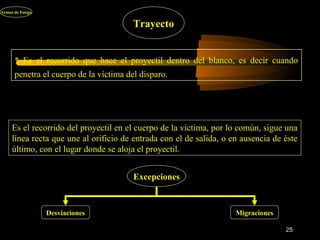 Armas de Fuego


                                        Trayecto


      * Es el recorrido que hace el proyectil dentro del blanco, es decir cuando
      penetra el cuerpo de la víctima del disparo.




     Es el recorrido del proyectil en el cuerpo de la víctima, por lo común, sigue una
     línea recta que une al orificio de entrada con el de salida, o en ausencia de éste
     último, con el lugar donde se aloja el proyectil.


                                        Excepciones



                 Desviaciones                                        Migraciones

                                                                                   25
 