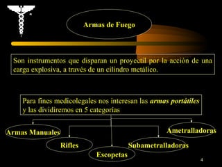 Armas de Fuego



 Son instrumentos que disparan un proyectil por la acción de una
 carga explosiva, a través de un cilindro metálico.



    Para fines medicolegales nos interesan las armas portátiles
    y las dividiremos en 5 categorías


Armas Manuales                                      Ametralladoras

                 Rifles                  Subametralladoras
                             Escopetas
                                                                  4
 