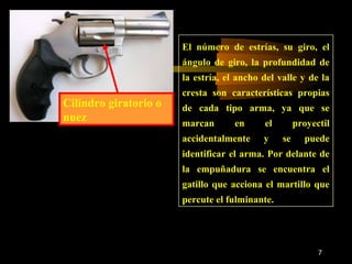 El número de estrías, su giro, el
                       ángulo de giro, la profundidad de
                       la estría, el ancho del valle y de la
                       cresta son características propias
Cilindro giratorio o   de cada tipo arma, ya que se
nuez                   marcan       en     el        proyectil
                       accidentalmente     y    se     puede
                       identificar el arma. Por delante de
                       la empuñadura se encuentra el
                       gatillo que acciona el martillo que
                       percute el fulminante.




                                                           7
 