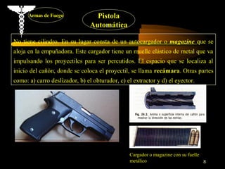 Armas de Fuego              Pistola
                                Automática

No tiene cilindro. En su lugar consta de un autocargador o magazine que se
aloja en la empuñadora. Este cargador tiene un muelle elástico de metal que va
impulsando los proyectiles para ser percutidos. El espacio que se localiza al
inicio del cañón, donde se coloca el proyectil, se llama recámara. Otras partes
como: a) carro deslizador, b) el obturador, c) el extractor y d) el eyector.




                                                Cargador o magazine con su fuelle
                                                metálico                          8
 