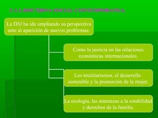 2. LA DOCTRINA SOCIAL CONTEMPORANEA.

La DSI ha ido ampliando su perspectiva
ante al aparición de nuevos problemas:


                             Como la justicia en las relaciones
                               económicas internacionales.


                              Los totalitarismos, el desarrollo
                           sostenible y la promoción de la mujer.


                         La ecología, las amenazas a la estabilidad
                                 y derechos de la familia.
 