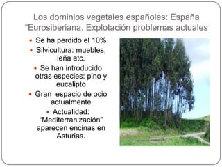 Los dominios vegetales españoles: España
“Eurosiberiana. Explotación problemas actuales
  Se ha perdido el 10%
  Silvicultura: muebles,
         leña etc.
   Se han introducido
  otras especies: pino y
         eucalipto
 Gran espacio de ocio
       actualmente
       Actualidad:
    “Mediterranización”
   aparecen encinas en
         Asturias.
 