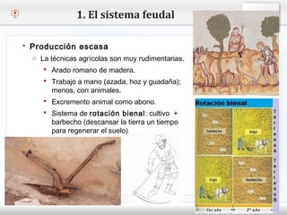 1. El sistema feudal

    Producción escasa
     o La técnicas agrícolas son muy rudimentarias.
– Haga clic pararomano de madera. de texto del patrón
        Arado modificar el estilo
   Segundo nivela mano (azada, hoz y guadaña);
        Trabajo
     o Tercer nivel con animales.
           menos,
         Cuarto nivel animal como abono.
          Excremento
           Quinto nivel
         Sistema de rotación bienal: cultivo +
          barbecho (descansar la tierra un tiempo
          para regenerar el suelo).
 
