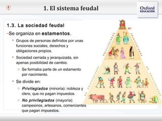 1. El sistema feudal

1.3. La sociedad feudal
–Se organiza en estamentos.
– Haga clic para modificar el estilo de texto del patrón
    Grupos de personas definidos por unas
   Segundosociales, derechos y
     funciones nivel
     o Tercer nivel
    obligaciones propios.
          Cuarto nivel
   Sociedad cerrada y jerarquizada, sin
    apenas  Quinto nivel cambio.
            posibilidad de
     o Se formaba parte de un estamento
       por nacimiento.
   Se divide en:
     o Privilegiados (minoría): nobleza y
       clero, que no pagan impuestos.
     o No privilegiados (mayoría):
       campesinos, artesanos, comerciantes
       que pagan impuestos.
 