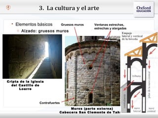 3. La cultura y el arte

   Elementos básicos             Gruesos muros   Ventanas estrechas,
                                                  estrechas y alargadas
     o Alzado: gruesos muros
– Haga clic para modificar el estilo de texto del patrón
   Segundo nivel
     o Tercer nivel
         Cuarto nivel
             Quinto nivel




Cripta de la Iglesia
  del Castillo de
      Loarre



                  Contrafuertes
                                   Muros (parte externa)
                              Cabecera San Clemente de Tahull
 