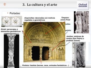 3. La cultura y el arte

       Portadas:
                       Arquivoltas: decoradas con motivos         Tímpano:
                       vegetales o geométricos                   Juicio Final
  – Haga clic para modificar el estilo de texto del patrón
     Segundo nivel
Dintel: personajes o nivel
              Tercer
        o
elementos geométricos nivel
                Cuarto
                Quinto nivel
                                                                        Jambas: estatuas de
                                                                        santos (San Pedro) o
                                                                        profetas (lsaías)




                     Parteluz: bestias (leones, osos, animales fantásticos…)
 
