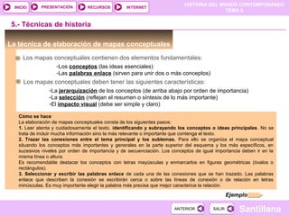 PRESENTACIÓN
                                                                           HISTORIA DEL MUNDO CONTEMPORÁNEO
 INICIO                          RECURSOS         INTERNET
                                                                                          TEMA 6


5.- Técnicas de historia

La técnica de elaboración de mapas conceptuales
     Los mapas conceptuales contienen dos elementos fundamentales:
                   -Los conceptos (las ideas esenciales)
                   -Las palabras enlace (sirven para unir dos o más conceptos)
     Los mapas conceptuales deben tener las siguientes características:
                -La jerarquización de los conceptos (de arriba abajo por orden de importancia)
                -La selección (reflejan el resumen o síntesis de lo más importante)
                -El impacto visual (debe ser simple y claro)

   Cómo se hace
   La elaboración de mapas conceptuales consta de los siguientes pasos:
   1. Leer atenta y cuidadosamente el texto, identificando y subrayando los conceptos o ideas principales. No se
   trata de incluir mucha información sino la más relevante o importante que contenga el texto.
   2. Trazar las conexiones entre el tema principal y los subtemas. Para ello se organiza el mapa conceptual
   situando los conceptos más importantes y generales en la parte superior del esquema y los más específicos, en
   sucesivos niveles por orden de importancia y de secuenciación. Los conceptos de igual importancia deben ir en la
   misma línea o altura.
   Es recomendable destacar los conceptos con letras mayúsculas y enmarcarlos en figuras geométricas (óvalos o
   rectángulos).
   3. Seleccionar y escribir las palabras enlace de cada una de las conexiones que se han trazado. Las palabras
   enlace que describen la conexión se escribirán cerca o sobre las líneas de conexión o de relación en letras
   minúsculas. Es muy importante elegir la palabra más precisa que mejor caracterice la relación.

                                                                                                Ejemplo

                                                                       ANTERIOR         SALIR       Santillana
 