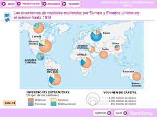PRESENTACIÓN
                                                       HISTORIA DEL MUNDO CONTEMPORÁNEO
  INICIO                  RECURSOS   INTERNET
                                                                      TEMA 6

       Las inversiones de capitales realizadas por Europa y Estados Unidos en
       el exterior hasta 1914




DOC. 14


                                                    ANTERIOR    SALIR   Santillana
 