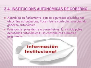3.4. INSTITUCIÓNS AUTONÓMICAS DE GOBERNO

   Asamblea ou Parlamento, son os diputados elexidos nas
    eleccións autonómicas. Facer leis e controlar a acción do
    goberno autonómico.
   Presidente, presidente e conselleiros. É elixido polos
    deputados autonómicos. Os conselleiros elíxeos o
    presidente.
 
