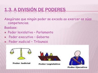 1.3. A DIVISIÓN DE PODERES
Asegúrase que ningún poder se exceda ao exercer as súas
  competencias.
Baséase:
 Poder lexislativo – Parlamento

 Poder executivo – Goberno

 Poder xudicial – Tribunais
 