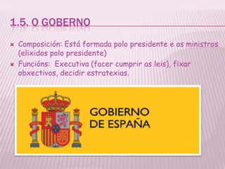 1.5. O GOBERNO
   Composición: Está formada polo presidente e os ministros
    (elixidos polo presidente)
   Funcións: Executiva (facer cumprir as leis), fixar
    obxectivos, decidir estratexias.
 