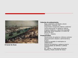 Colonias de poboamento.
                  -    Boas condicións climáticas, pouca
                       poboación, riquezas, etc.
                  -    Importante inmigración blanca (colonos)
                  -    Certa autonomía no goberno interior
                  -    Imperio británico = dominios (Canadá,
                       Australia, Nova Zelandia e a Unión de
                       África do Sur)
                  -    Francia = Alxeria
                  Protectorados.
                  -    Mantemento do goberno indíxena anterior
                  -    Administración estatal e administrativa
                       propia
                  -    Goberno paralelo á metrópole en
                       colaboración
O Canal de Suez
                  -    Domina na práctica o goberno local e
                       exclusividade da defensa e política
                       exterior
                  -    Ex.: África -> Marruecos (Francia,
                       España), Exipto (Canal de Suez)
 