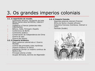 3. Os grandes imperios coloniais
3.1. A repartición do mundo.                     3.3. O Imperio francés.
-     Continente africano: Ocupación de toda     -     Segunda potencia colonial (Francia)
      África menos dous territorios, Liberia e
      Abisinia
                                                 -     África do Norte e Sueste africano
1.    Inglaterra e Francia (potencias máis
                                                 -     Indochina francesa (Camboxa, Vietnam e
      importantes)                                     Laos)
2.    Bélxica, Italia, Portugal e España
                                                 -     Fachoda (Sudán)
3.    Conferencia de Berlín
-     Continente asiático:
1.    Conservación da independencia de China
2.    Guerra do opio
3.    Guerra dos bóxers
3.2. O Imperio británico.
-     Maior potencia colonial ata a I Guerra
      Mundial
-     Control das principais rutas marítimas
-     Imperio británico en África
1.    Intentaron formar un imperio continuo de
      Norte a Sur
-     Principal colonia a India
-     Ocupan Birmania, dominio de Afganistán
 