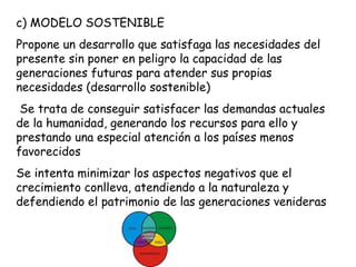 c) MODELO SOSTENIBLE
Propone un desarrollo que satisfaga las necesidades del
presente sin poner en peligro la capacidad de las
generaciones futuras para atender sus propias
necesidades (desarrollo sostenible)
Se trata de conseguir satisfacer las demandas actuales
de la humanidad, generando los recursos para ello y
prestando una especial atención a los países menos
favorecidos
Se intenta minimizar los aspectos negativos que el
crecimiento conlleva, atendiendo a la naturaleza y
defendiendo el patrimonio de las generaciones venideras
 