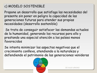 c) MODELO SOSTENIBLE
Propone un desarrollo que satisfaga las necesidades del
presente sin poner en peligro la capacidad de las
generaciones futuras para atender sus propias
necesidades (desarrollo sostenible)
Se trata de conseguir satisfacer las demandas actuales
de la humanidad, generando los recursos para ello y
prestando una especial atención a los países menos
favorecidos
Se intenta minimizar los aspectos negativos que el
crecimiento conlleva, atendiendo a la naturaleza y
defendiendo el patrimonio de las generaciones venideras
CIC JULIO SÁNCHEZ
 