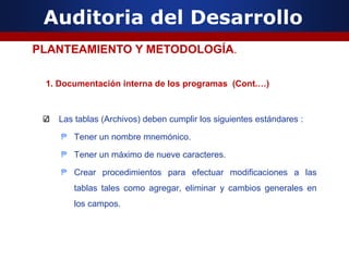 Auditoria del Desarrollo
1. Documentación interna de los programas (Cont.…)
Las tablas (Archivos) deben cumplir los siguientes estándares :
₱ Tener un nombre mnemónico.
₱ Tener un máximo de nueve caracteres.
₱ Crear procedimientos para efectuar modificaciones a las
tablas tales como agregar, eliminar y cambios generales en
los campos.
PLANTEAMIENTO Y METODOLOGÍA.
 