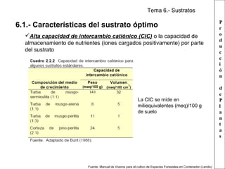 Tema 6.- Sustratos

6.1.- Características del sustrato óptimo
Alta capacidad de intercambio catiónico (CIC) o la capacidad de
almacenamiento de nutrientes (iones cargados positivamente) por parte
del sustrato

La CIC se mide en
miliequivalentes (meq)/100 g
de suelo

Fuente: Manual de Viveros para el cultivo de Especies Forestales en Contenedor (Landis)

P
r
o
d
u
c
c
i
ó
n
d
e
P
l
a
n
t
a
s

 