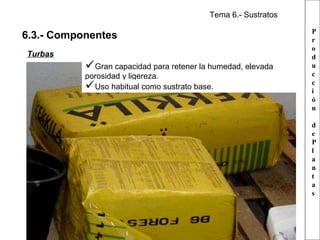 Tema 6.- Sustratos

6.3.- Componentes
Turbas

Gran capacidad para retener la humedad, elevada
porosidad y ligereza.
Uso habitual como sustrato base.

P
r
o
d
u
c
c
i
ó
n
d
e
P
l
a
n
t
a
s

 
