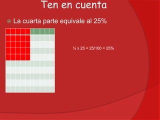 Ten en cuenta


La cuarta parte equivale al 25%

¼ x 25 = 25/100 = 25%

 