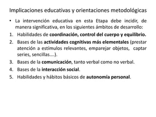 Implicaciones educativas y orientaciones metodológicas
• La intervención educativa en esta Etapa debe incidir, de
manera significativa, en los siguientes ámbitos de desarrollo:
1. Habilidades de coordinación, control del cuerpo y equilibrio.
2. Bases de las actividades cognitivas más elementales (prestar
atención a estímulos relevantes, emparejar objetos, captar
series, sencillas….).
3. Bases de la comunicación, tanto verbal como no verbal.
4. Bases de la interacción social.
5. Habilidades y hábitos básicos de autonomía personal.
 